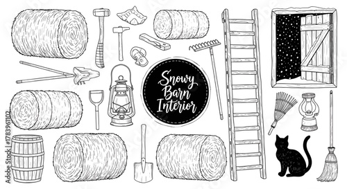 Rustic winter barn scene with hay bales and tools in black and white sketch