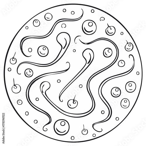 Abstract illustration of microorganisms, bacteria, and cells in a petri dish view