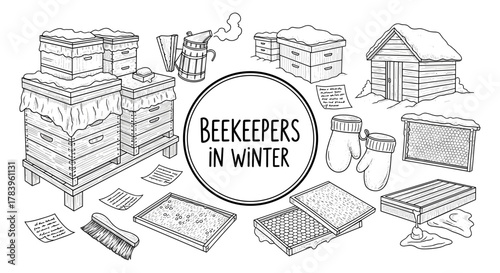 Winter beekeeping essentials: hand drawn sketch of hives, tools, and equipment