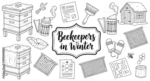 Winter beekeeping essentials in hand-drawn style with tools and bee equipment