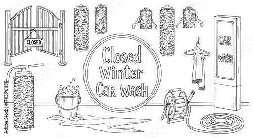 Closed winter car wash tools in monochrome outline design