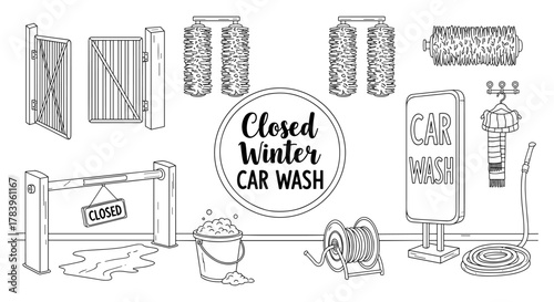 Winter car wash closure: line art of equipment and signs for seasonal business shutdown