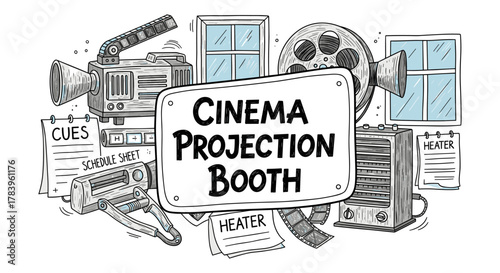 Cinema projection booth elements in hand drawn doodle style