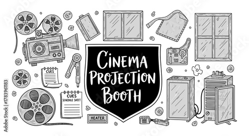 Cinema projection booth: hand drawn elements of vintage movie technology and equipment