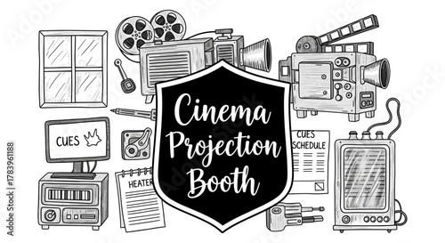 Cinema projection booth with vintage film equipment in black and white sketch style
