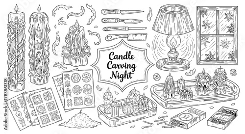 Intricate candle carving night with decorative tools and winter ambiance