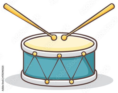 Cartoon drum with two drumsticks illustration graphic element isolated for music rhythm game or design concept