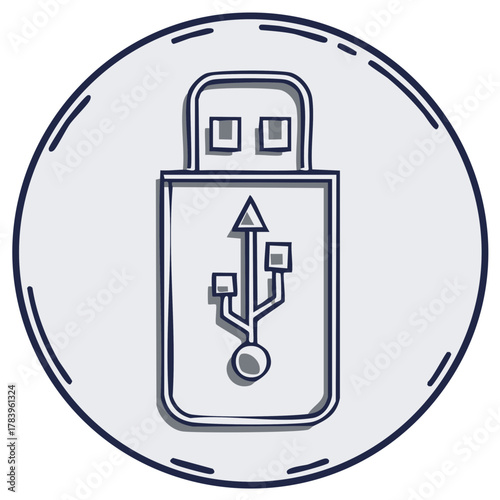 Hand drawn illustration of USB flash drive icon with data transfer symbol inside a circle frame
