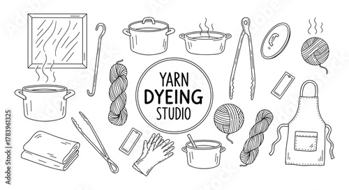 Yarn dyeing studio: hand drawn elements of crafting and tools