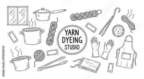 Yarn dyeing studio elements: tools, utensils, and accessories in hand-drawn style