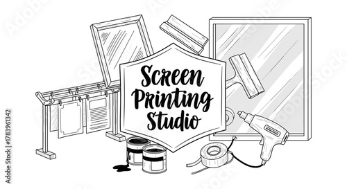 Screen printing studio essentials with black and white hand drawn design elements
