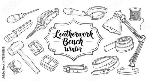 Handcrafted leatherworking tools and accessories with winter theme in black and white