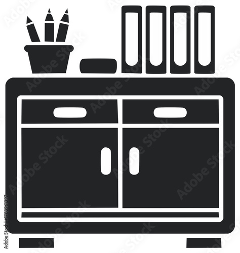 Furniture silhouette featuring a cabinet with drawers, stationery, and file folders for organizing office supplies