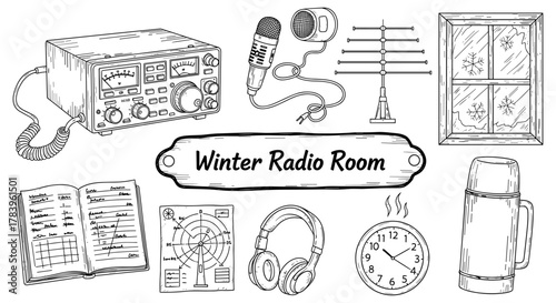 Vintage radio room: retro broadcast equipment and winter décor in hand-drawn style