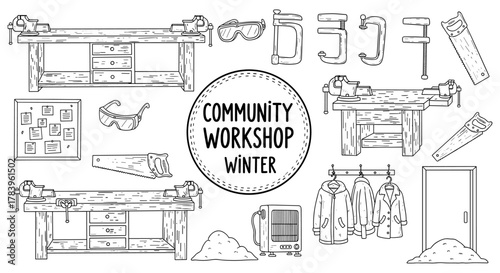 Community workshop winter tools and equipment in rustic hand drawn style