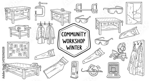 Winter workshop tools and gear in linear style for community projects