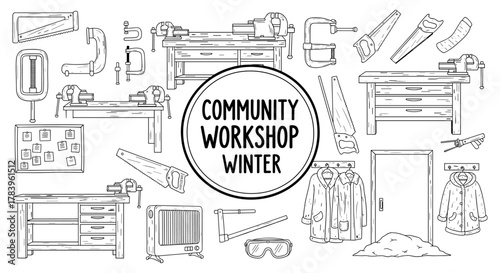 Community workshop winter tools and setup: engaging black and white doodle art collection