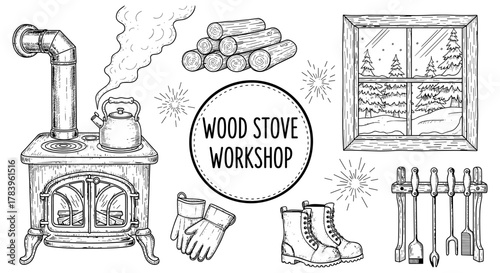 Cozy cabin essentials: rustic stove, winter scene, and tools in detailed sketch