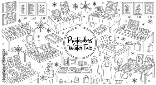 Printmakers' winter fair scene with art displays and snowflakes in line art style