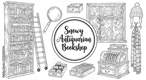 Cozy winter antiques and books concept in black and white line art style