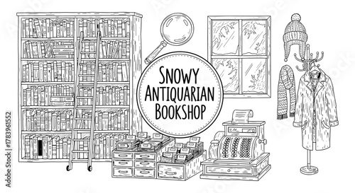 Cozy antique bookshop with winter clothes and old books in sketch style