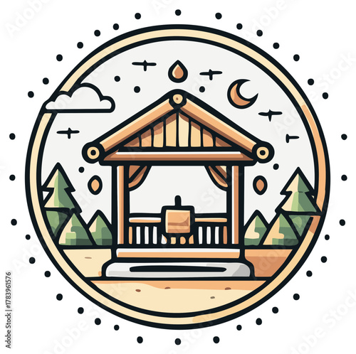 Wooden Gazebo in Forest at Night with Moon and Stars
