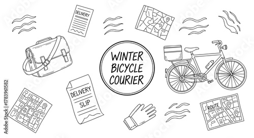 Winter bicycle courier design with maps, bicycle, and delivery elements in linear style