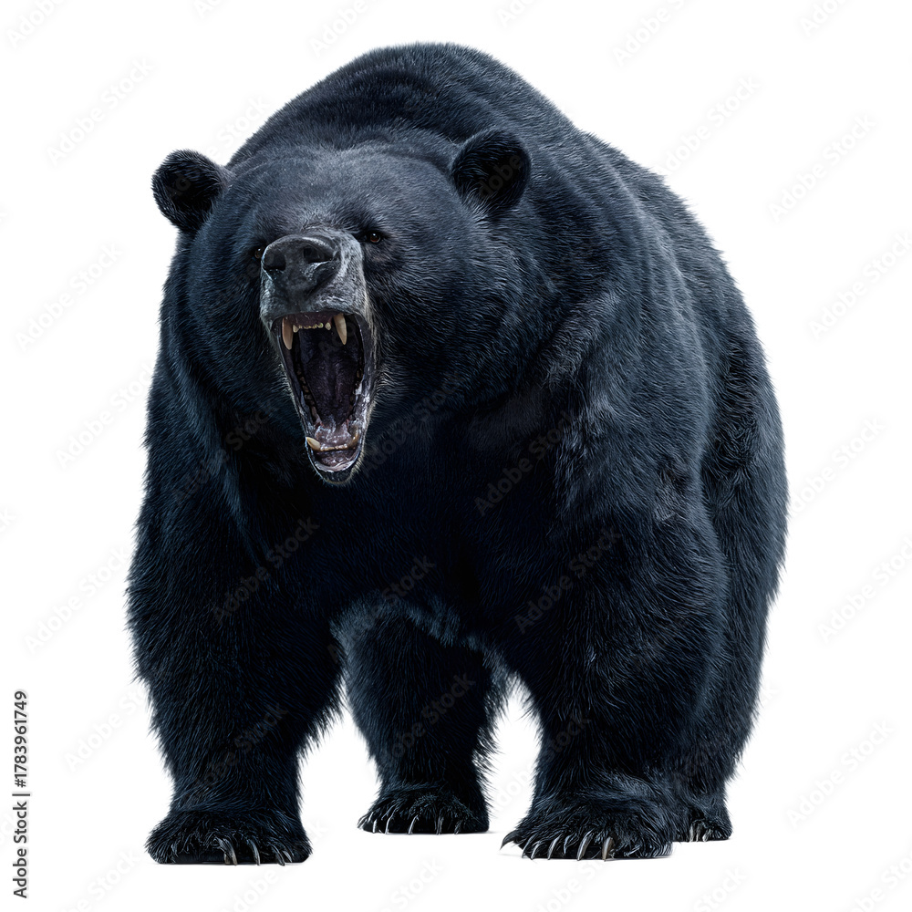 Naklejka premium Fierce black bear roaring with sharp teeth exposed, embodying raw power and untamed wilderness for dramatic impact