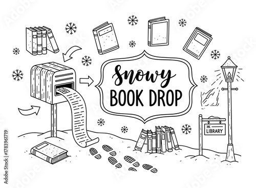 Snowy book drop scene with mailbox and library in doodle style