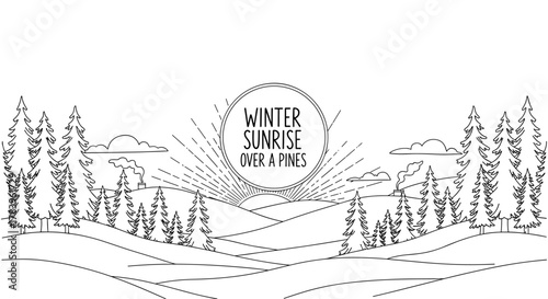Hand-drawn winter sunrise with pines and hills in black and white