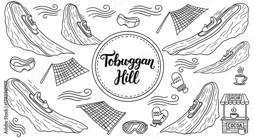 Toboggan hill fun in winter wonderland with sled, skis, and hot cocoa doodles