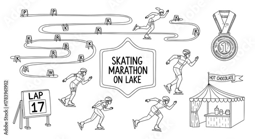 Ice skating marathon concept with track, medal, and refreshment stand in linear style