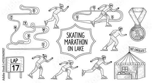Ice skating marathon: athlete challenges, tracks, medal, hot chocolate tent