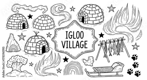 Hand drawn igloo village set with stars, fish, and sled in black and white