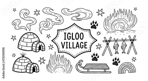 Hand drawn igloo village with sled, animal tracks, and aurora elements