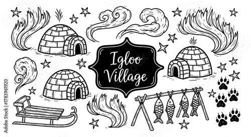 Hand-drawn igloo village with decorative elements and winter symbols