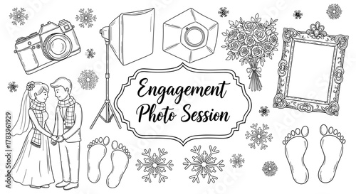 Engagement photo session outline with wedding elements and snowflakes