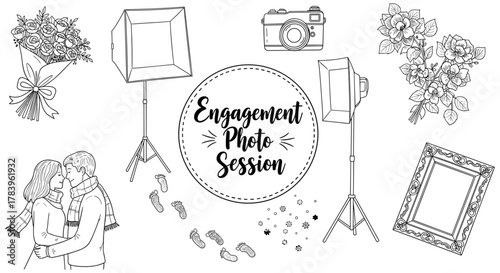 Creative engagement photo session composition with floral and camera elements