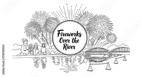 Fireworks over the river with family in winter scenery