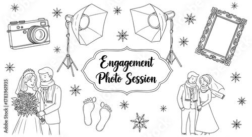 Romantic couple in love surrounded by photography elements for engagement theme