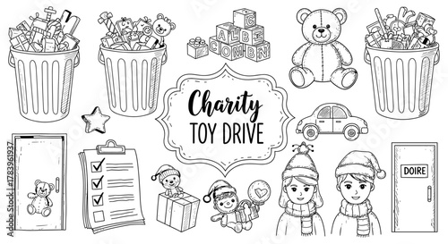 Charity toy drive: hand-drawn doodle style for community giving and holiday spirit