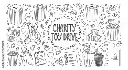 Charity toy drive sketch with volunteers and toys for donation collection