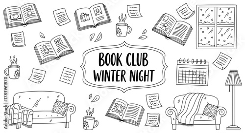 Cozy book club night: winter reading scene with open books and hot drinks
