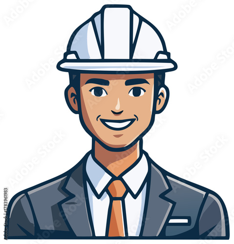 Smiling male professional in a hard hat and suit representing construction or engineering