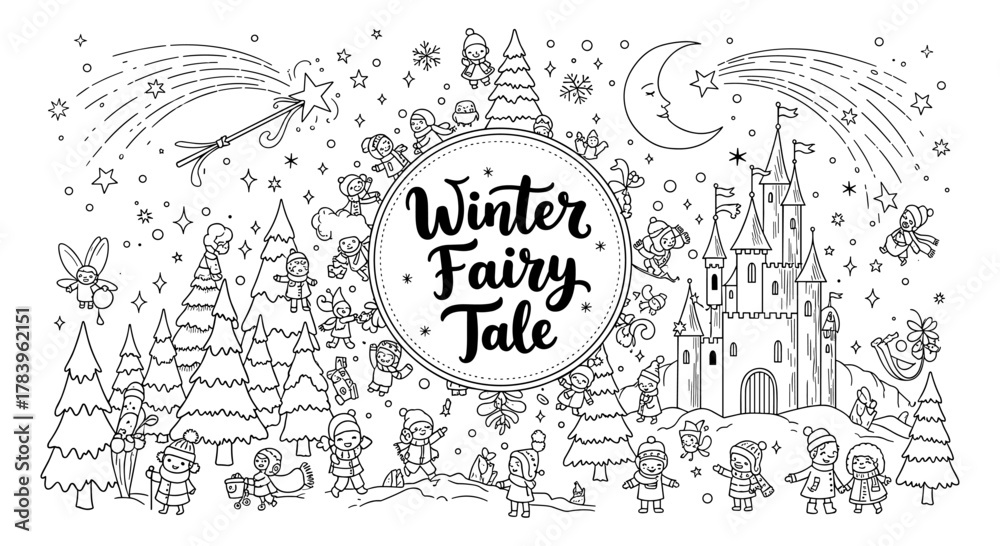 Naklejka premium Magical winter wonderland scene with fairy tale characters