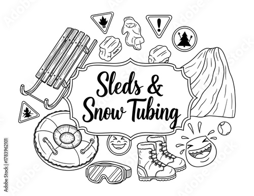 Winter fun: sledding and snow tubing line art with winter gear and symbols