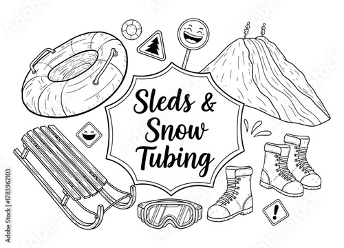Winter fun: sledding and snow tubing adventures in black and white doodle style