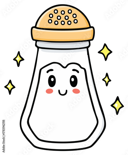 Cute cartoon salt shaker with smiling face, stars, and beige cap for adding flavor to food.