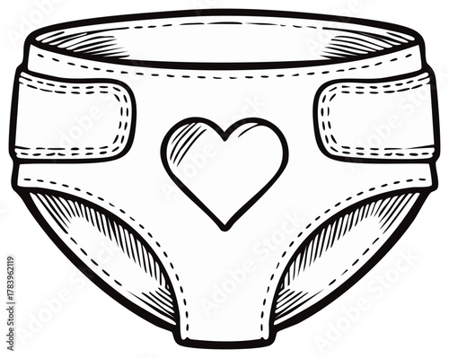 Cartoon Baby Diaper with Heart Illustration for Infant Care Product, White and Black Line Art, Toddler
