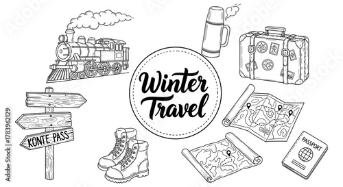 Winter travel icons: vintage adventure essentials for cold weather journeys